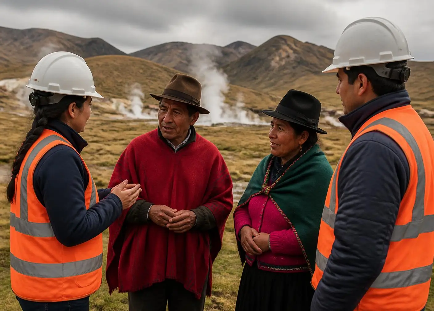 Engineers speaking with local community members at an Andean geothermal site