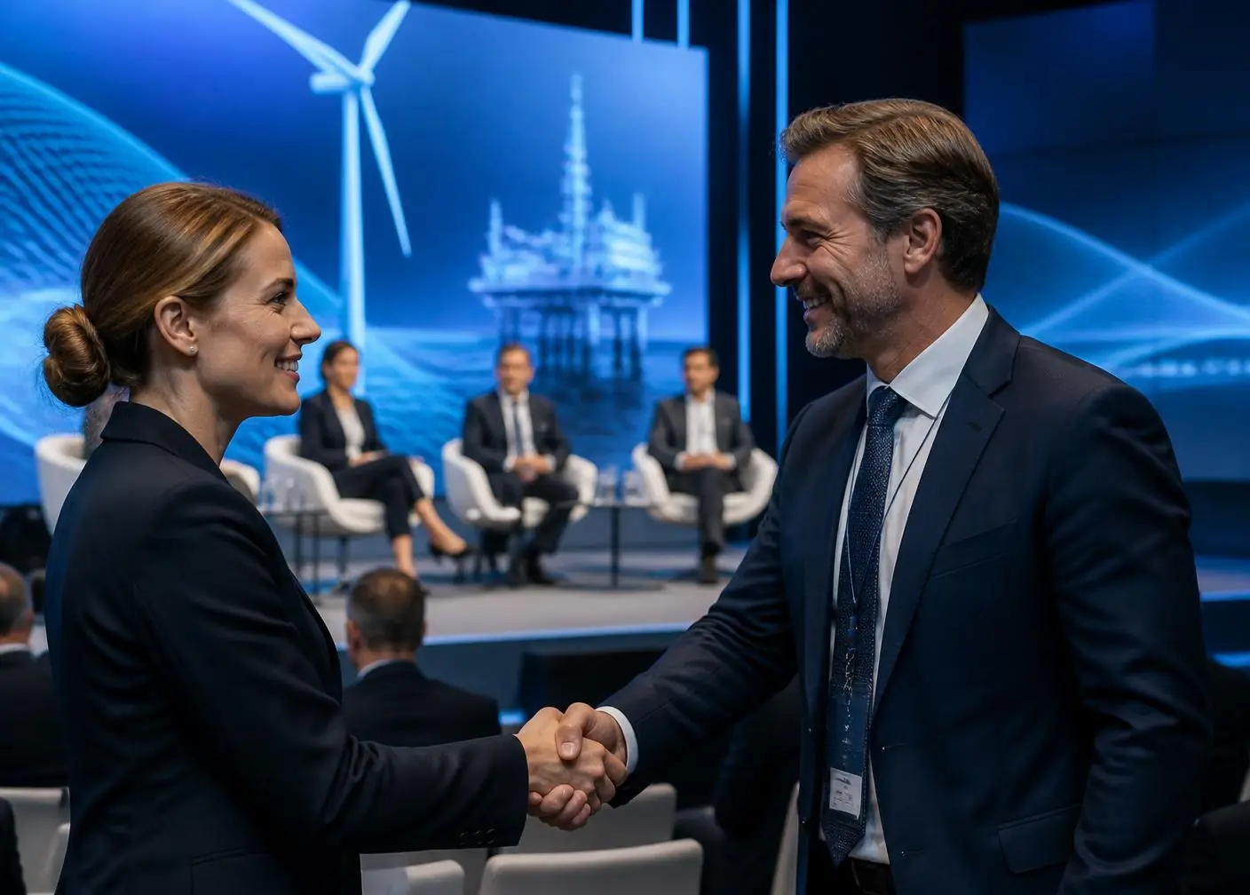 Two energy sector professionals shaking hands at an industry conference