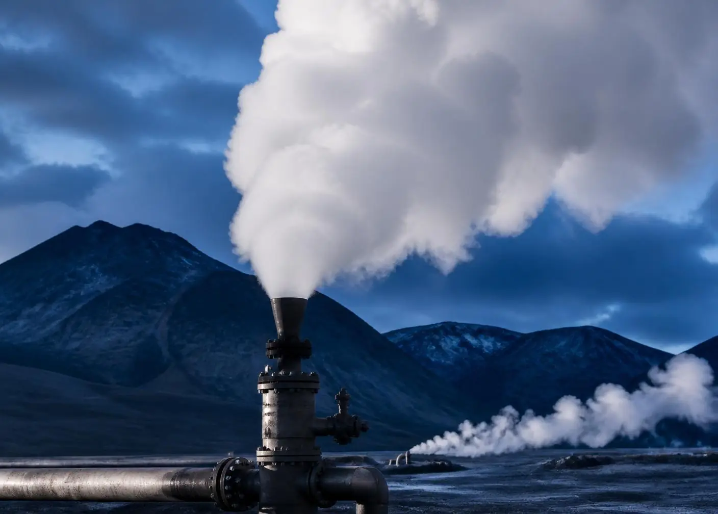 Geothermal wellhead venting a steam plume in front of dark mountains
